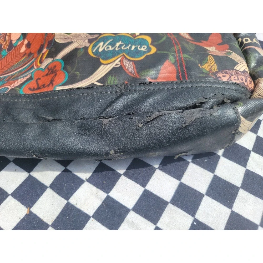 Sakroots Peace Nature Floral Bird Tote Handbag Black Coated Canvas‎